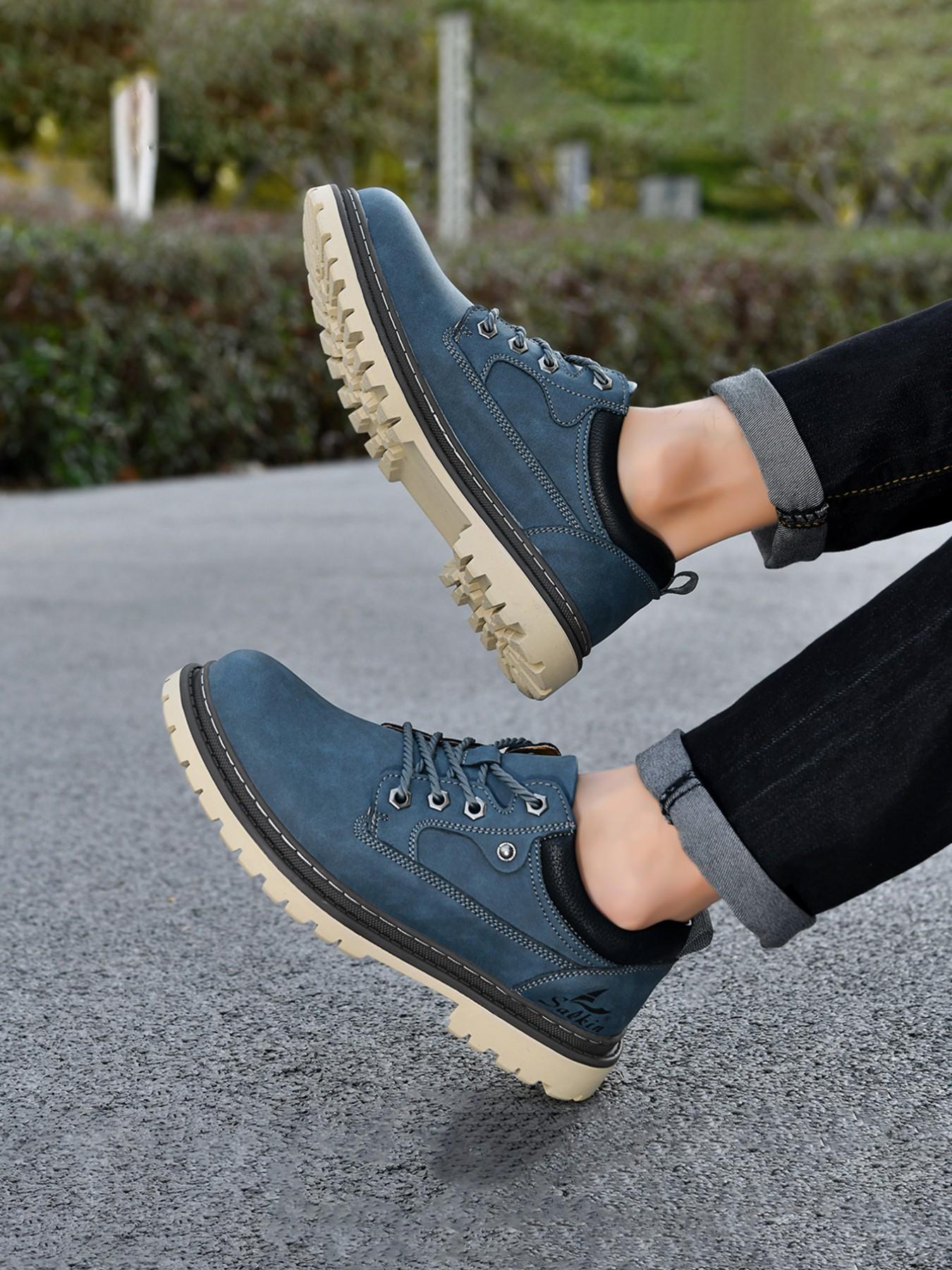 Men's Handmade Casual Boots, Fashionable Lace-Up Low-Top Boots, Suitable for All Seasons Outdoor Hiking and Daily Wear, Thick Sole Comfort