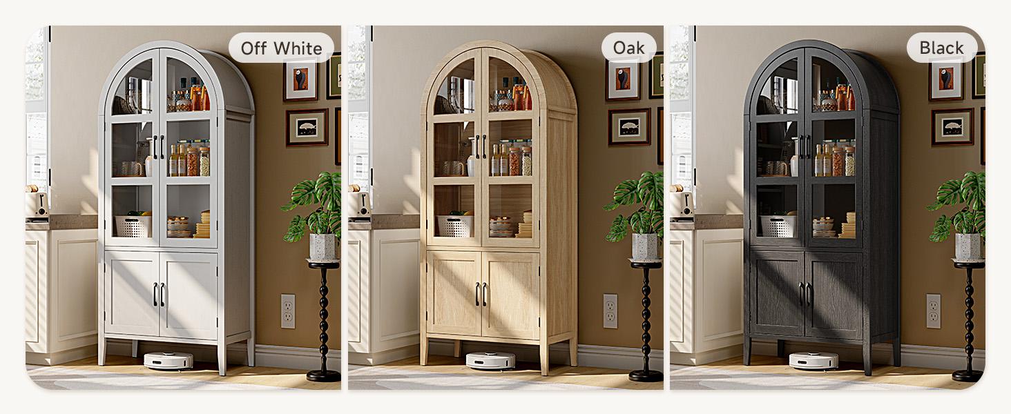 【SPOTLIGHT DAY】ONBRILL 71" Tall Arched Cabinet, 5-Tier Arched Kitchen Pantry with Glass Doors & Drawer, Modern Display Pantry Cabinets with Adjustable Feet, Wooden Pantry for Kitchen, Living Room Furniture, Dining Room Furniture