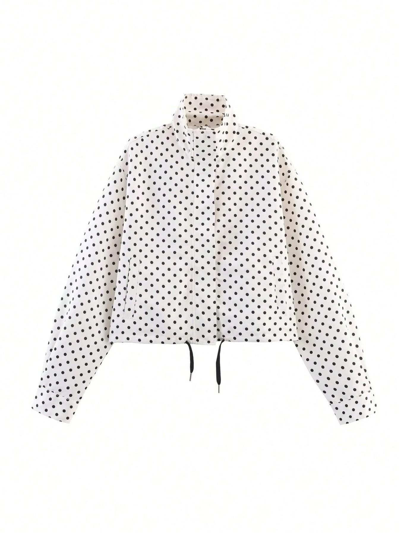 Women's New Aesthetic Polka Dot Pattern Adjustable Drawstring Jacket, Retro Zipper Stand Collar Outerwear for Everyday Wear, Casual Fashionable Jacket, Streetwear, Zip Up Jacket
