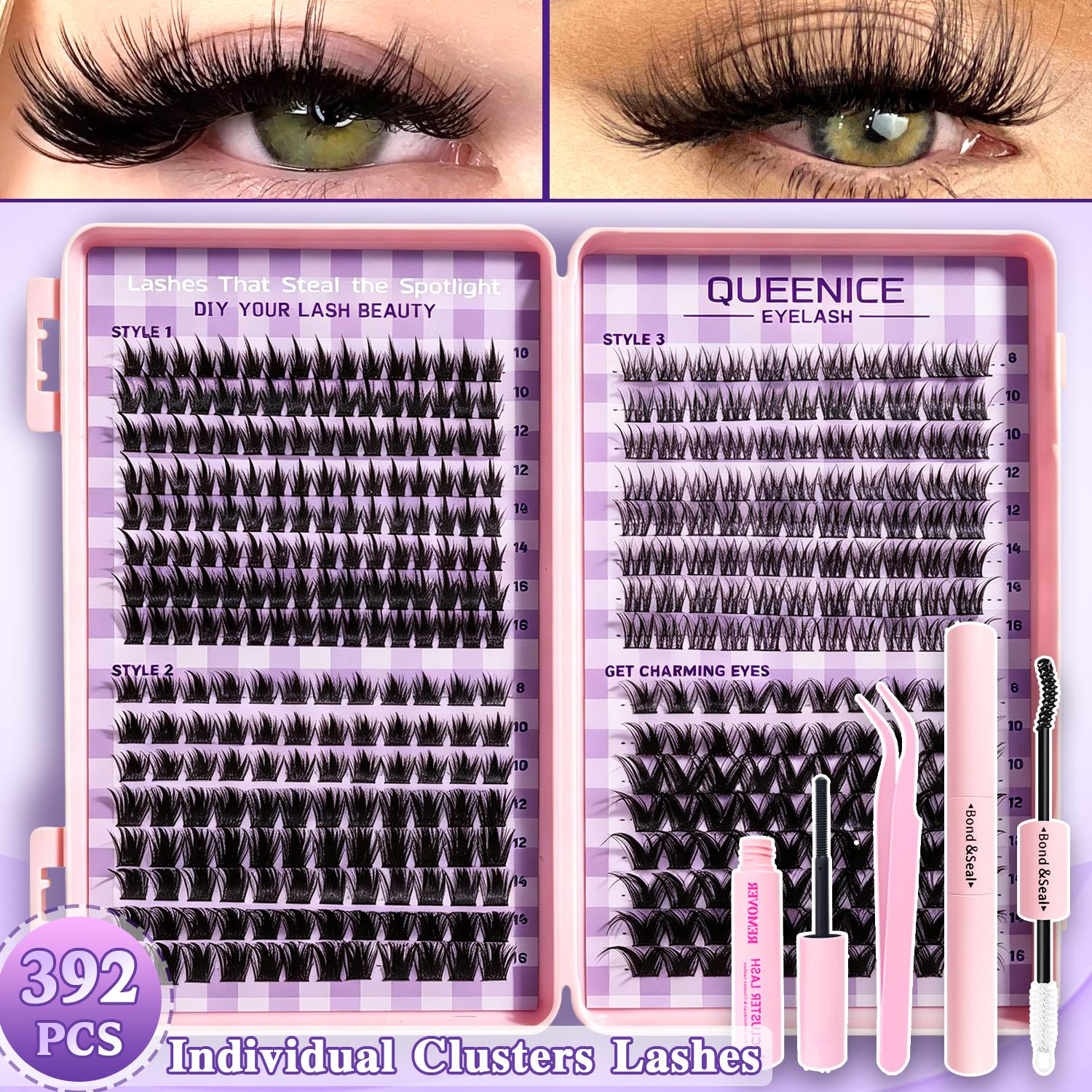 392pcs Individual Lash Clusters EyelashExtension Kit with Glue Tweezers RemoverCream CC Curl Mixed 8-16mm LargeCapacity Home DIY Beginners Friendly