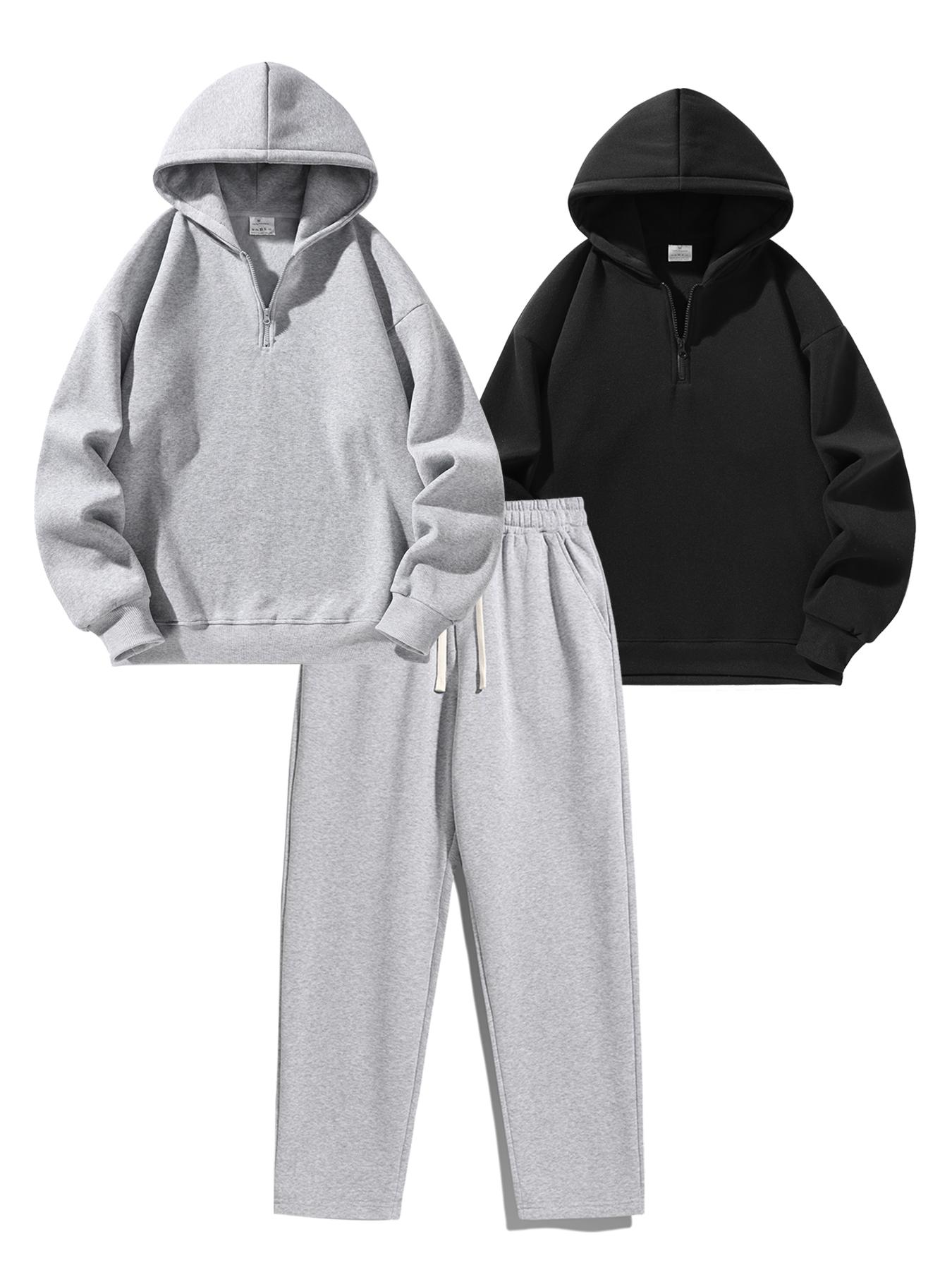 Men's Plain Two-piece Sweatsuit Set, Basic Regular Fit Casual Drop Shoulder Half Zip Long Sleeves Hoodie & Pocket Drawstring Elastic Sweatpants, Men's Clothing