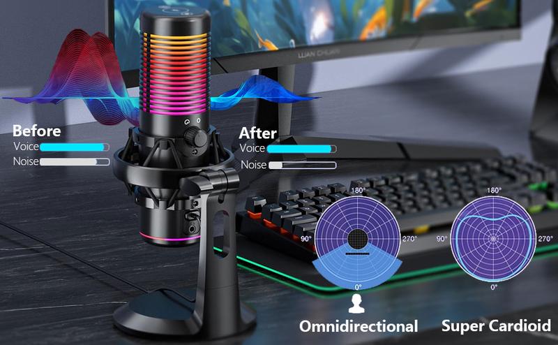 Hitozon USB Condenser Microphone for PC,PSP,Mac&Windows,RGB Gaming Microphone with Anti-Vibration Shock Mount,2 Polar Patterns,Pop Filter,Gain Control,Podcasts,Streaming,Plug&Play Noise Cancellation Condenser mic with Monitoring,Mute,Touch control