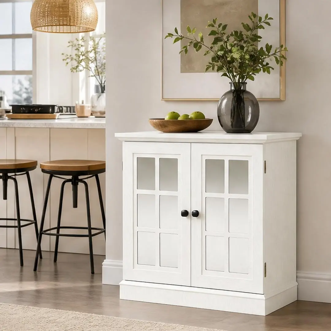 Storage Sideboard Cabinet with 2 Acrylic Mirrored Doors and Adjustable Shelf, MDF 3D Wood Grain Finish with Metal Handles for Dining Room, Living Room, or Kitchen