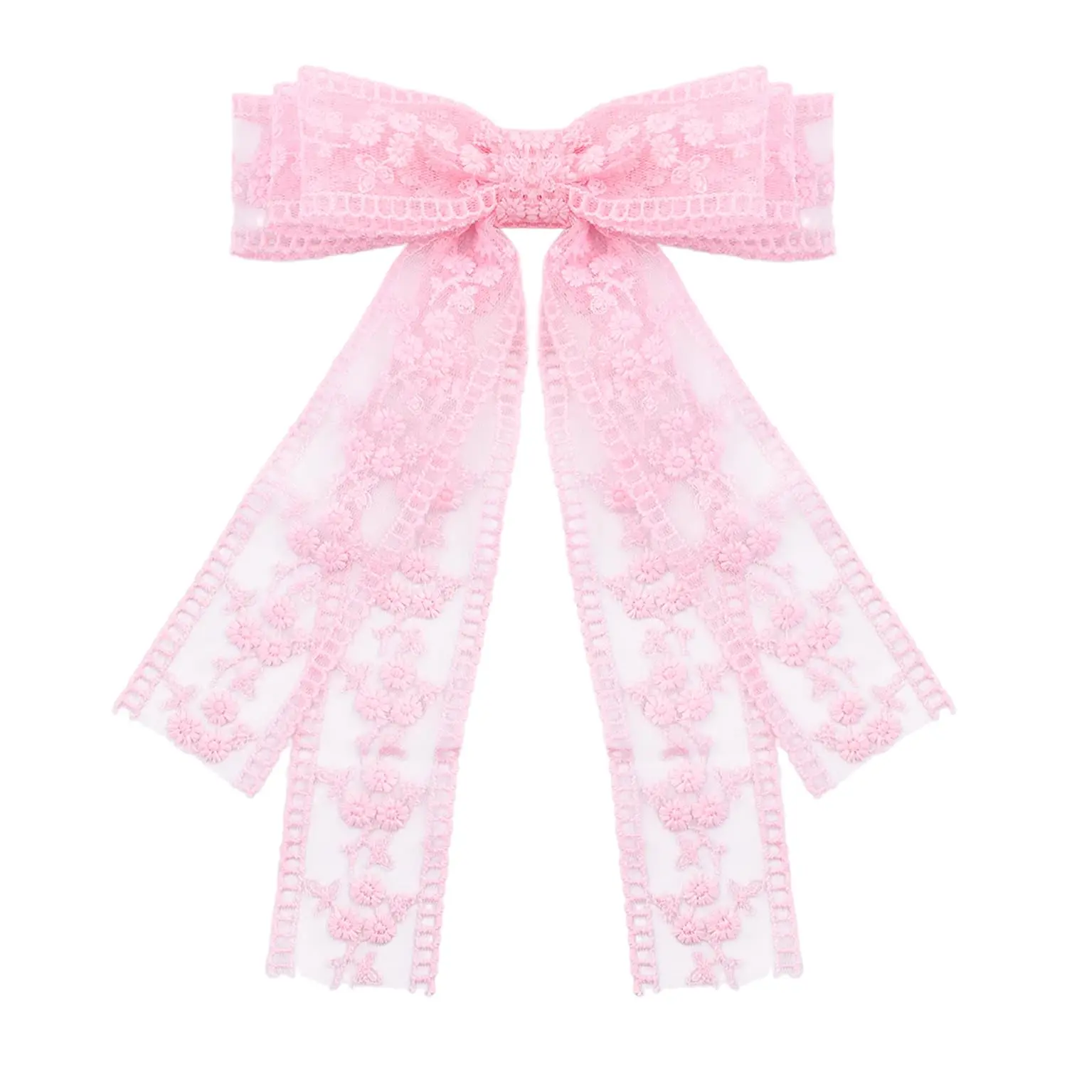 Elegant Lace Hair Bow Clip for Women Girls Teens , Large Long Tail Ribbon Bow Hair Accessories, Floral Embroidery Cute Hair Bow for  to School Holiday-
