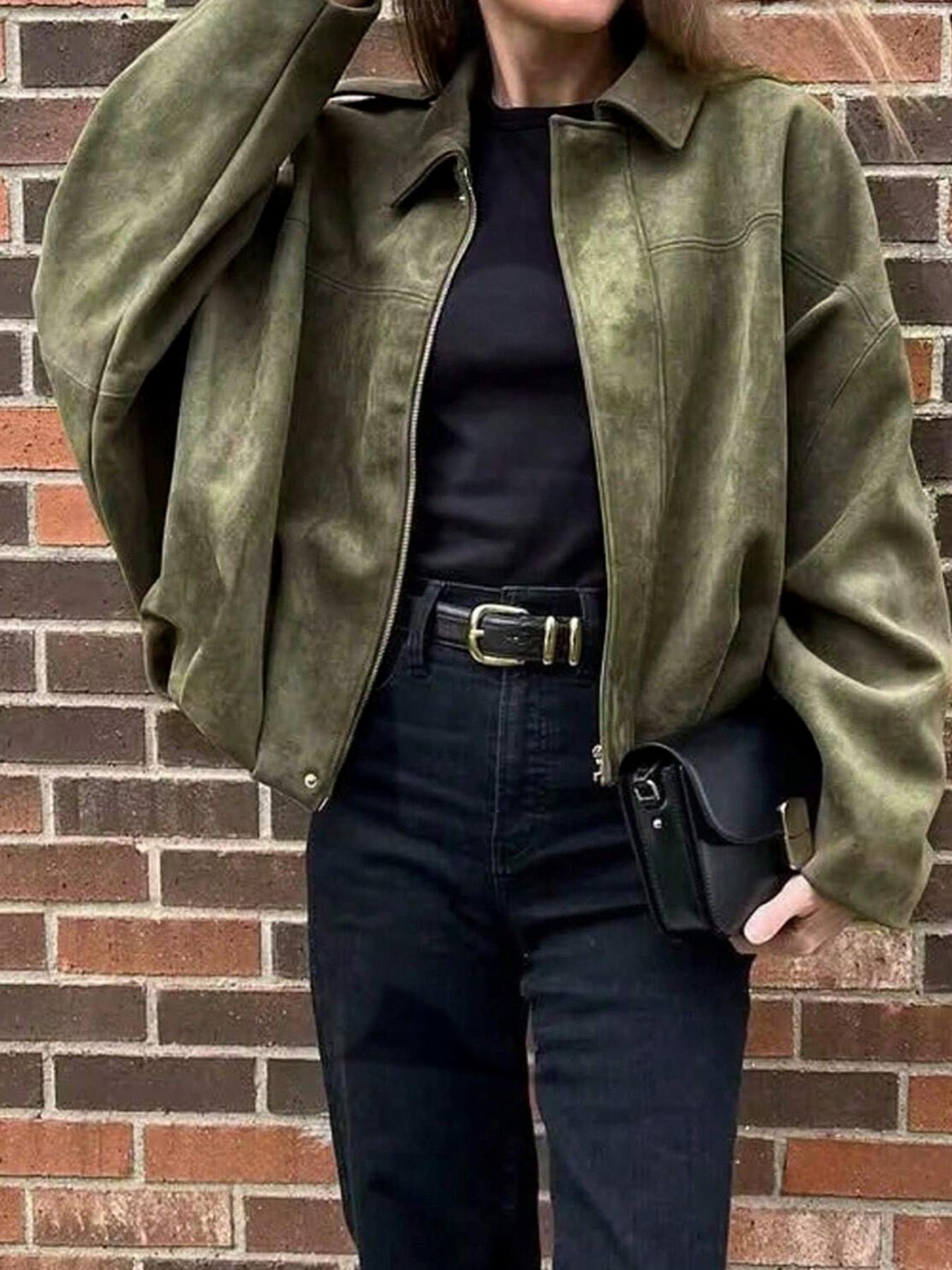 Women's Autumn Winter Suede Texture Zipper Loose Fit bomber jacket, Stylish Turn-Down Collar Design for Casual Wear Coats Outerwear Womenswear