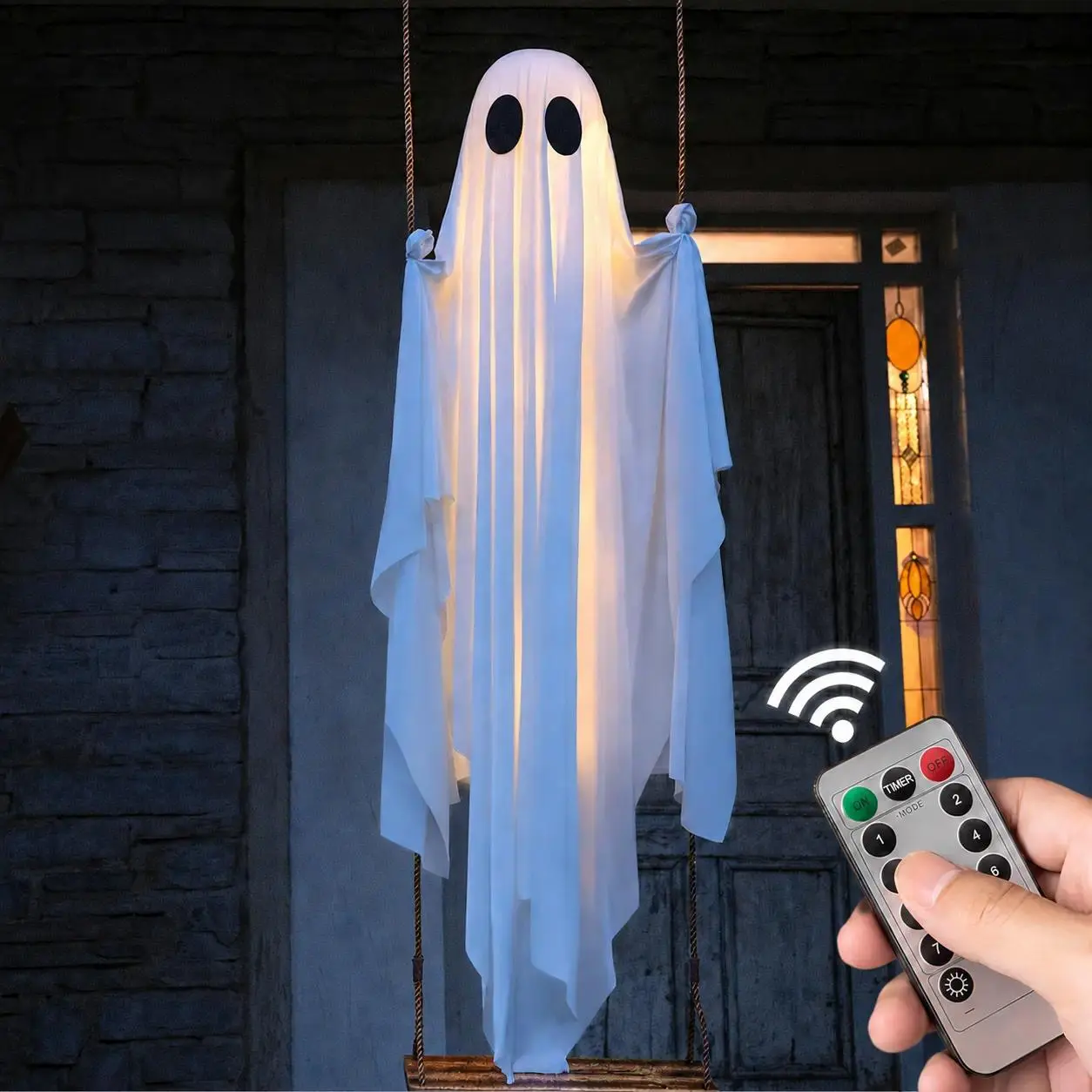 5FT Large Halloween Hanging Ghost Decoration, Remote Controlled Light-Up Swinging Fabric Ghost with Wooden Base for Outdoor Yard Front Porch & Tree, Spooky Holiday Prop & Yard Display Party Supplies