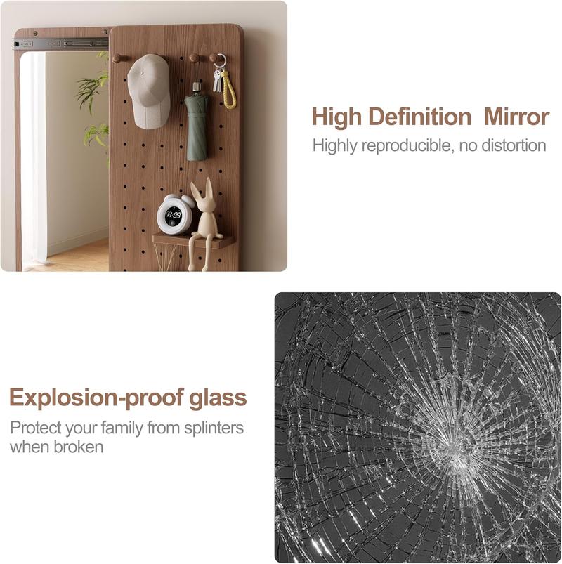 【School】Pegboard Mirror, 100% Solid Wood - No MDF, Mirror with Shelf & Hooks, Rustic Wall-Mounted Mirror with Multifunctional Panel for Bedroom, Living Room, Entryway