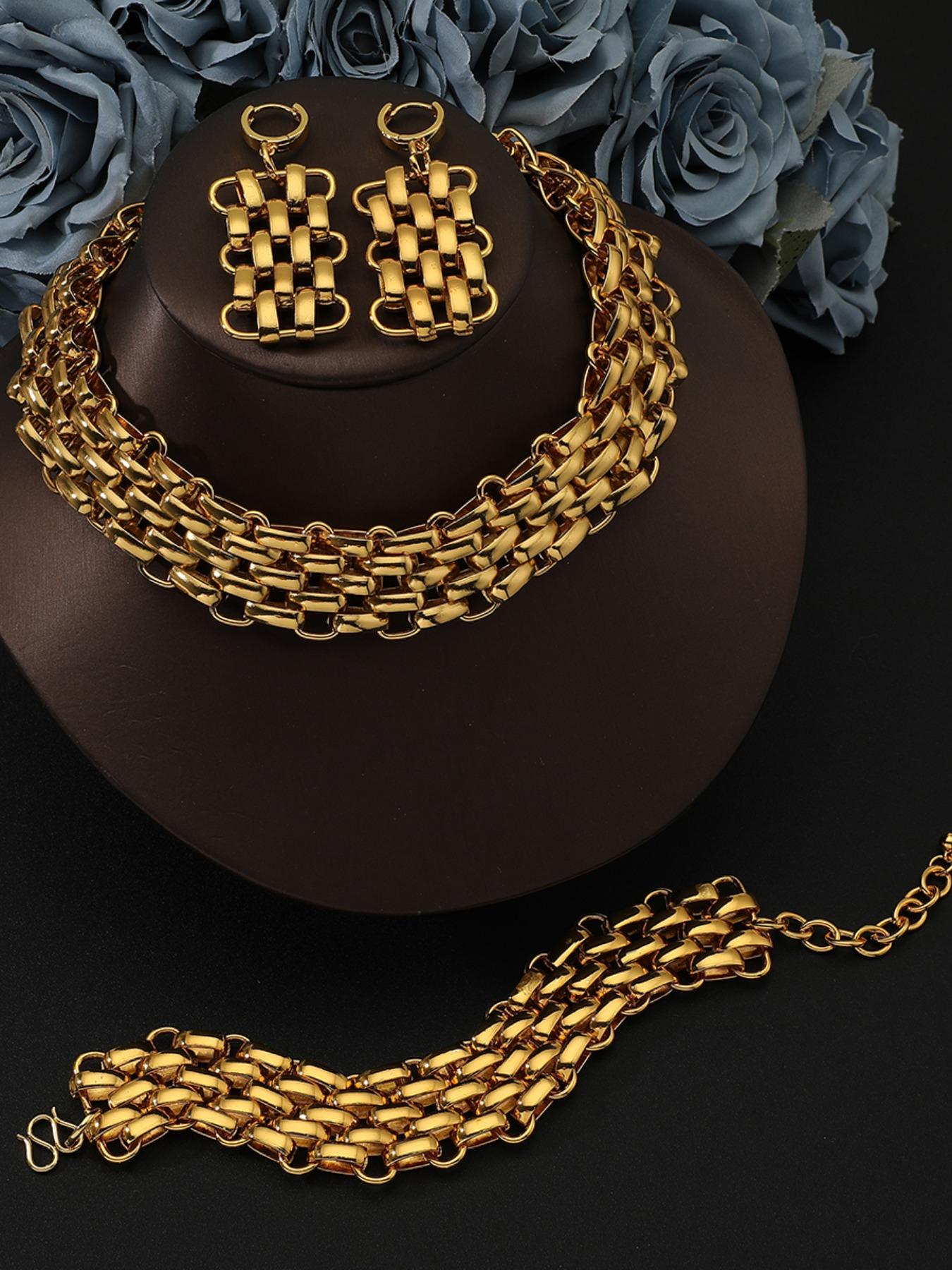 Cuban Chain Necklace Set, Earrings, Bracelet for Women, Elegant Jewelry for Parties, Weddings, Dubai Nigerian Bride Accessories