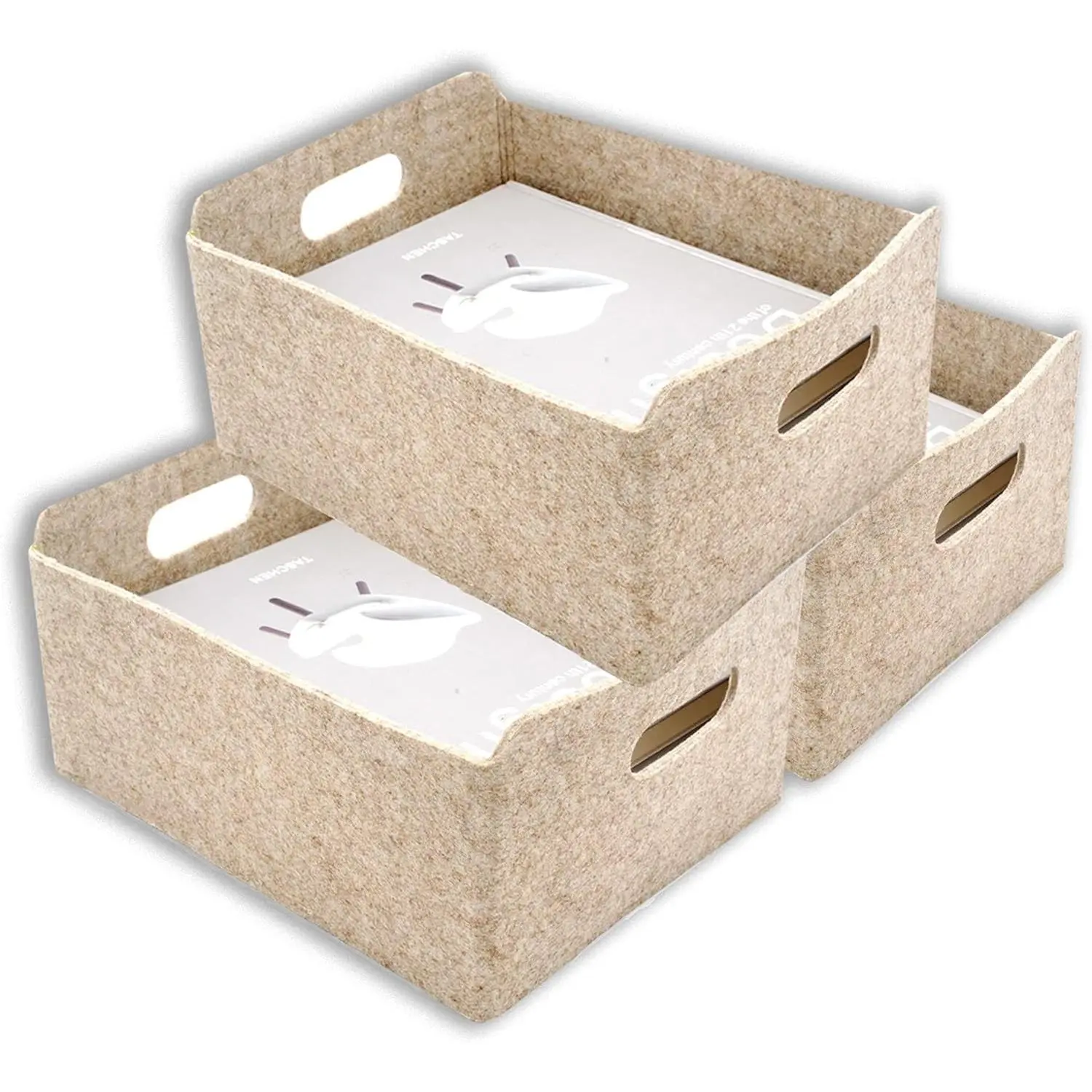 Collapsible Felt Storage Baskets, 3-Pack beige Shelf Bins for Toys, Clothes, Books & Closet Organization (Oatmeal x 3)