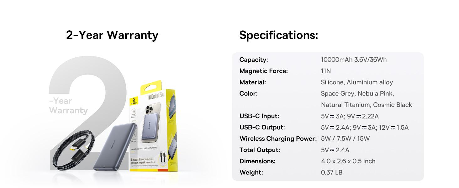 Baseus Picogo Magsafe Portable Charger, 0.5" Ultra Slim Qi2 Certified 15W Wireless Power Bank, 10000mAh 27W Fast Charging Magnetic Battery Pack with USB-C Cable for iPhone 16/15/14/13/12 Series Only