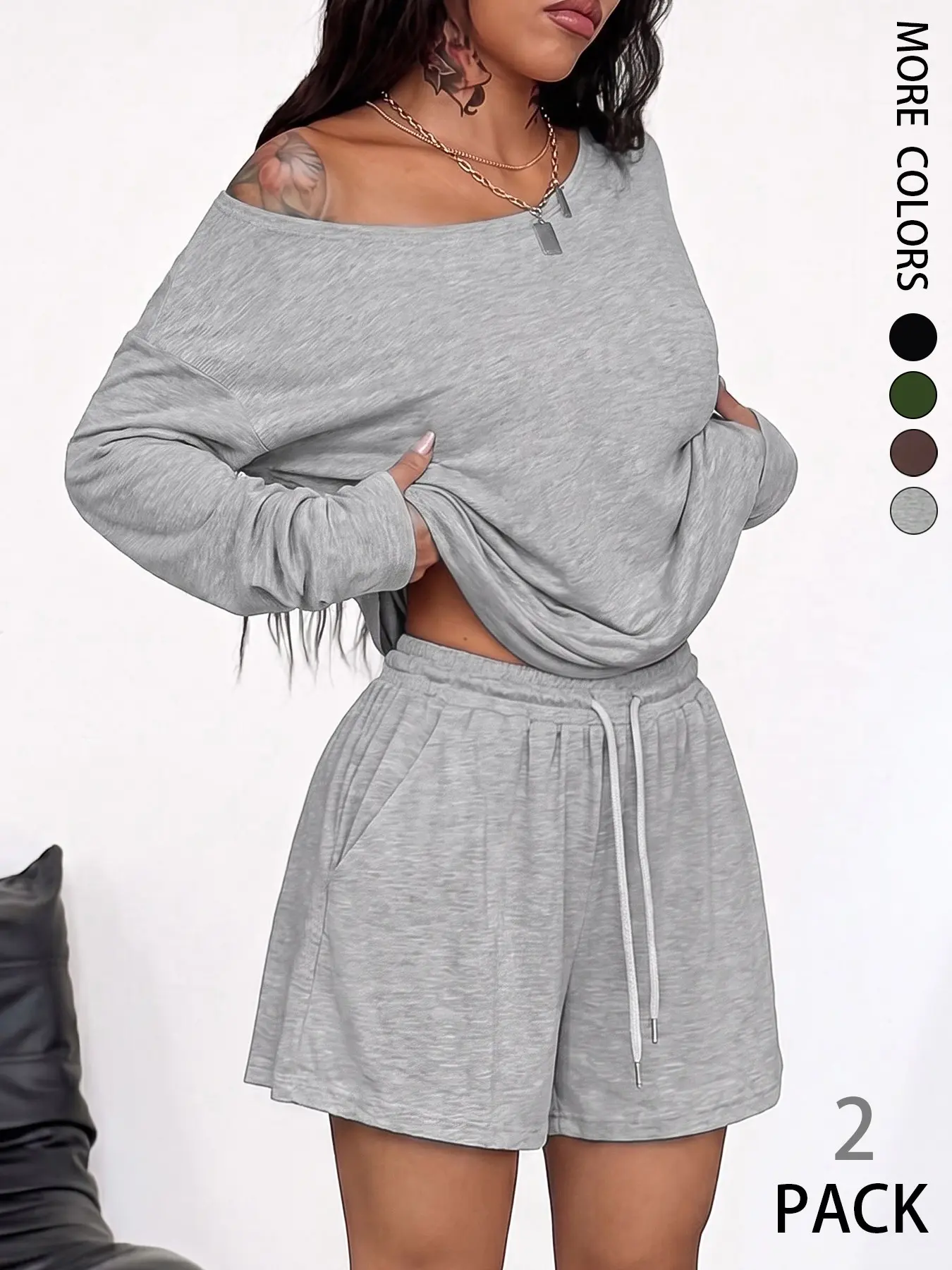 2pcs/Set Women's Minimalist Basic Casual Daily Wear Going Out Sport Comfortable Off Shoulder  Long Sleeve T-Shirt And Shorts Two Pieces Outfits，Comfortable Everyday, Perfect for Relaxing at Home or Leisure Activities