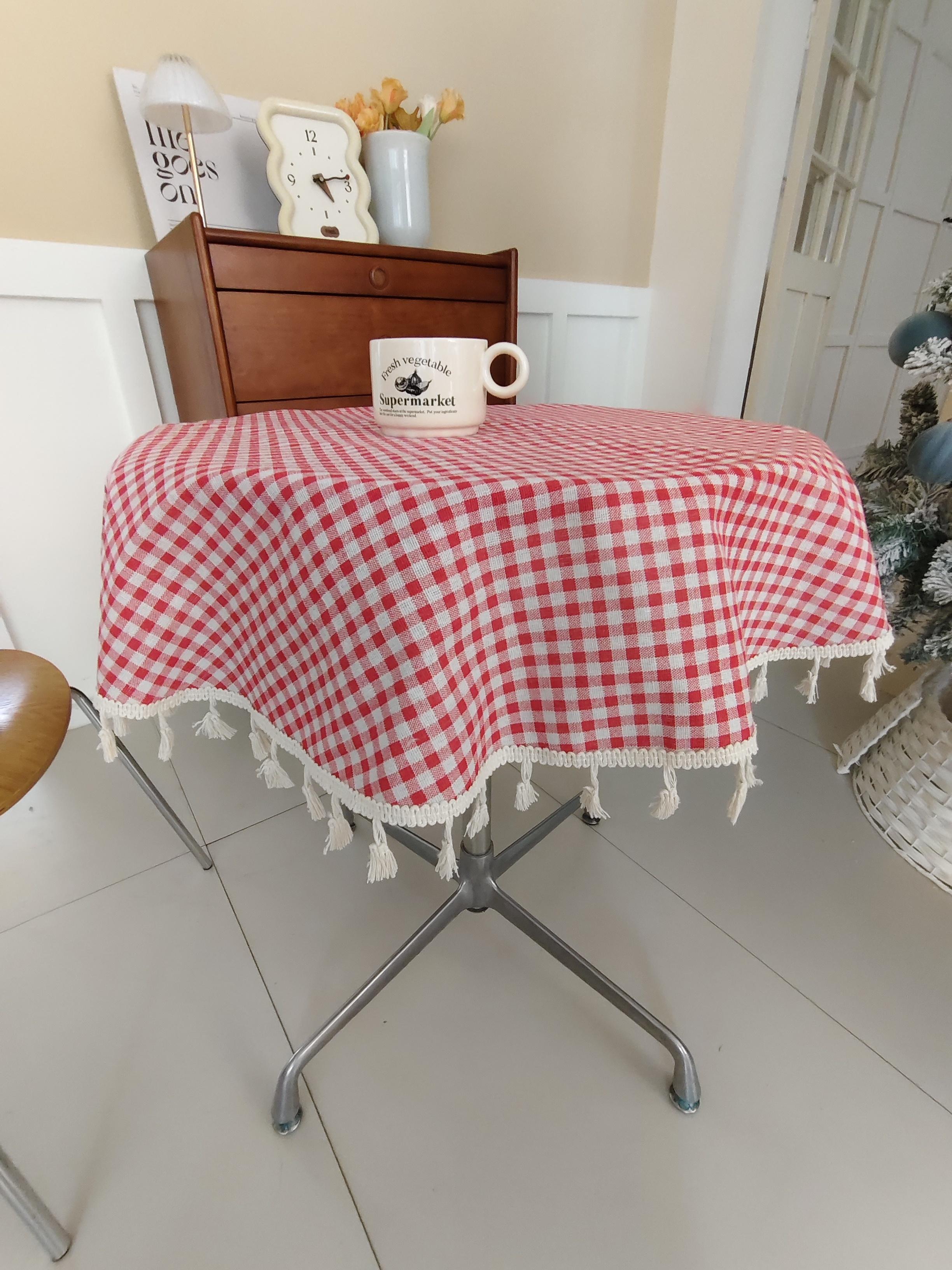 1pc Plaid Round Tablecloth, Durable Machine Woven Holiday Table Cover, Easy Clean, Handmade Fringe Design, Elegant Home Decor