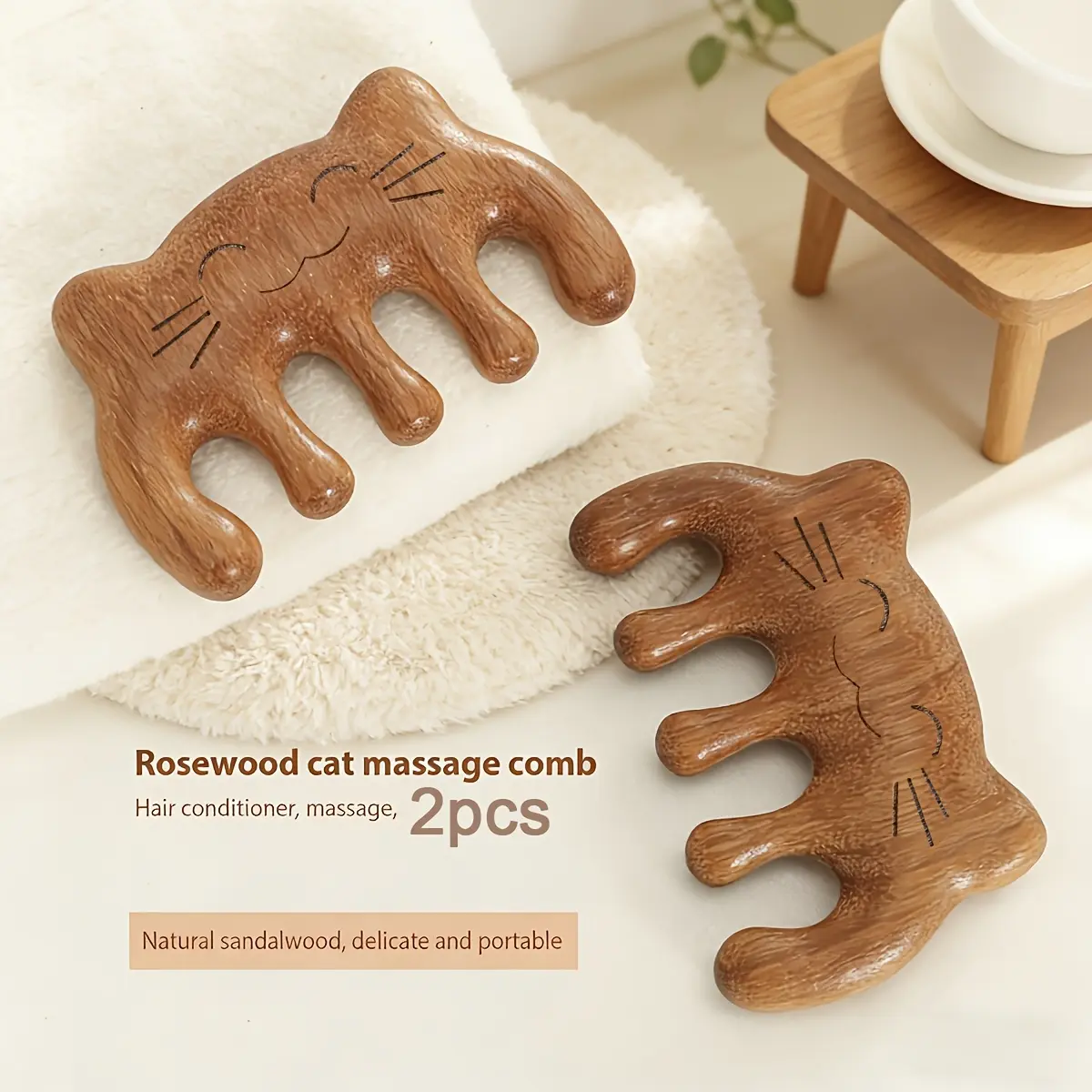 2 Natural Sandalwood Massage Combs (cat Hair Comb), Women's Hair Styling Tool, Scalp Massage Comb, Suitable for Long, Short, Wavy and Dyed Hair, Universal Gift for Men and Women for Boys and Girls on Holidays