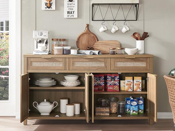 PieDle Furniture Rattan Sideboard Buffet Cabinet, Boho Storage Cabinet with Adjustable Shelves, Farmhouse Credenza Coffee Bar Cabinets with 4 Doors & 3 Drawers for Living Room, Hallway & Kitchen PieDle Furniture Rattan Sideboard Buffet Cabinet, Boho Storage Cabinet with Adjustable Shelves, Farmhouse Credenza Coffee Bar Cabinets with 4 Doors & 3 Drawers for Living Room, Hallway & Kitchen