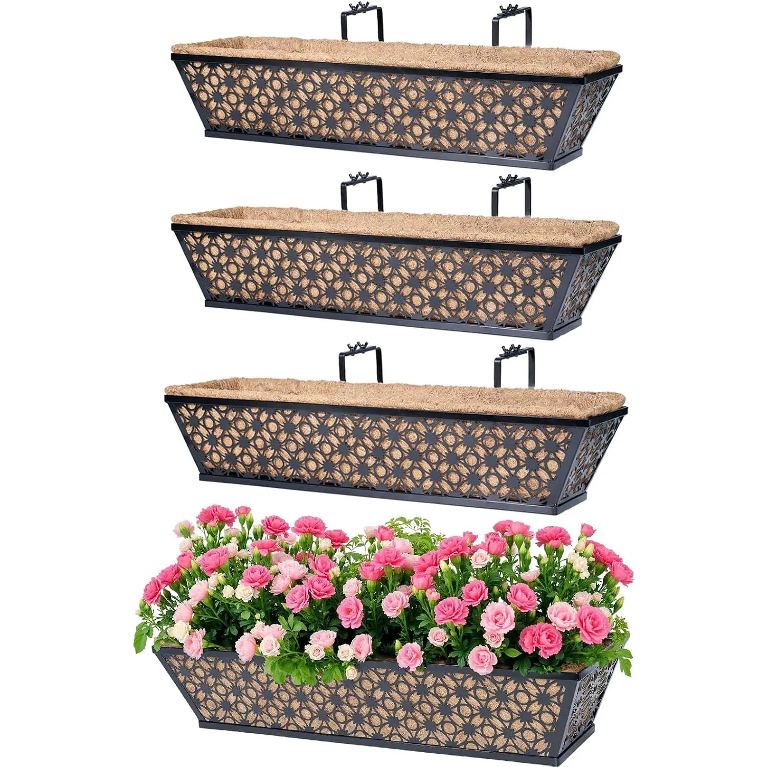 24 Inch 2 Pack Railing Planter Box with Adjustable Bracket,Window Planter Boxes Outdoor for Porch,Balcony Planters Railing ,Fence,Patio  Planters for Garden