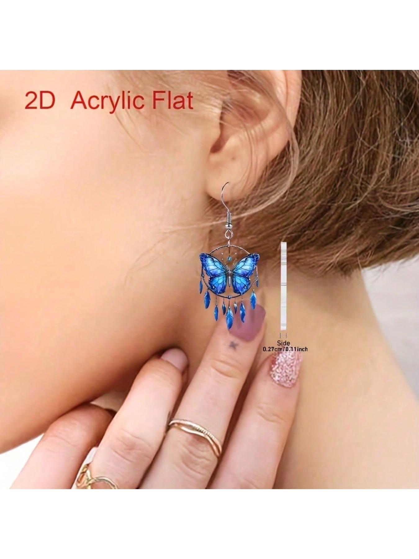 a pair of Bohemian style blue butterfly dream catcher earrings - acrylic double-sided printing, lightweight and suitable for casual dressing/parties, perfect gift for lovers, exquisite party butterfly pattern accessories, Mother's Day gift