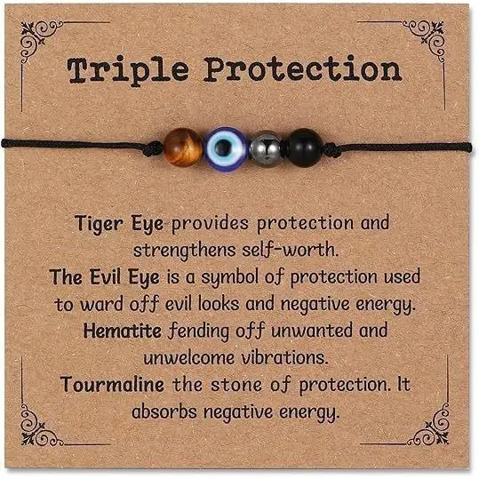 Triple Threat Protection Beads Anxiety Relief New Beginnings Gifts for Women Men, Natural Healing Crystal Bracelet Evil Eye Moonstone Tourmaline Amethyst Jewelry for Family Friends Coworker