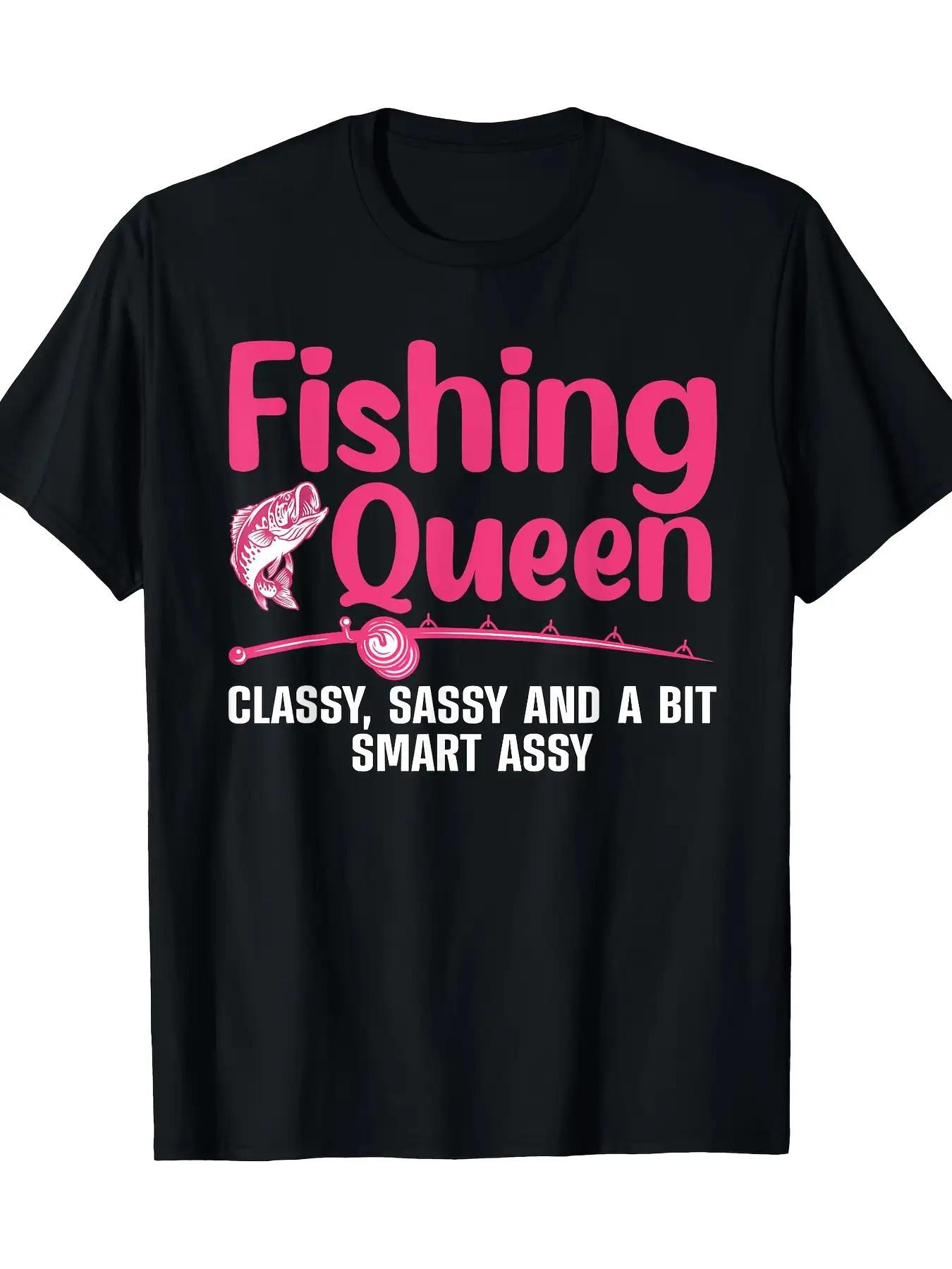 Women's Fun Fishing Queen Pattern T-Shirt - Designed for "elegant, lively, and smart" female anglers, featuring a pattern of fish and fishing rods - Loose fit, casual short sleeves, black crew neck top, suitable for outdoor fishing trips,graphic,funny