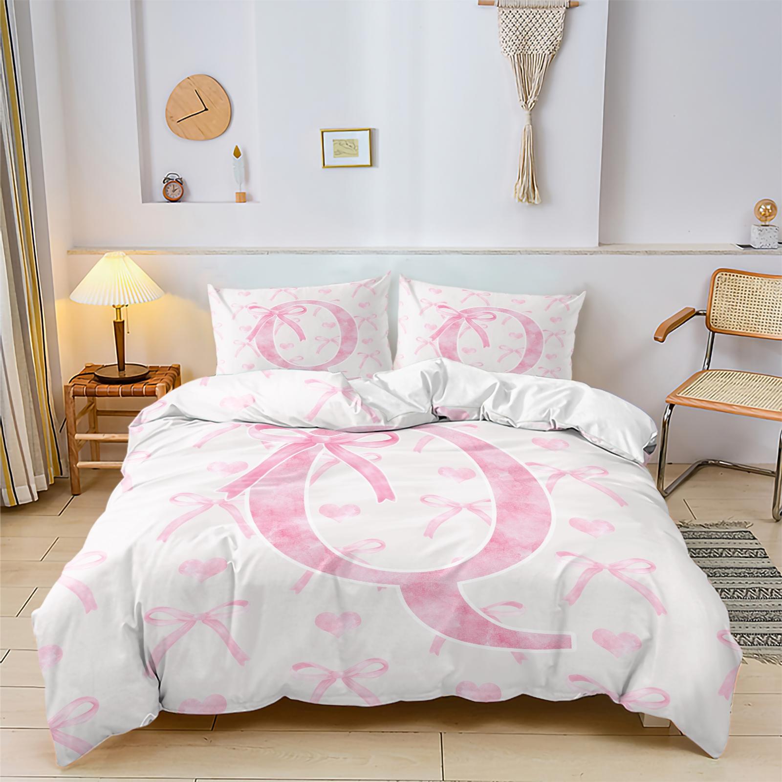 Princess Style Printed Comforter Set, Including Comforter Set and 1/2 Coreless Pillowcase, Three-Dimensional Letters Pink Bow and Love Bedding Set, Soft and Comfortable, Suitable For All Seasons