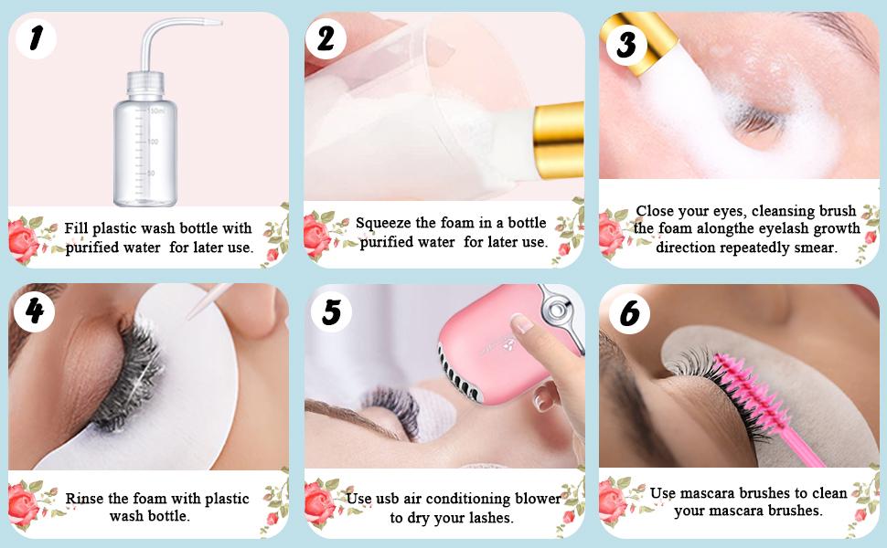 3.38oz Eyelash Extension Cleanser - Lash Mousse Shampoo, Lash Brushes, Cleanser Brush, Wash Bottle for Lash Extensions Makeup Remover Nourishing Daily