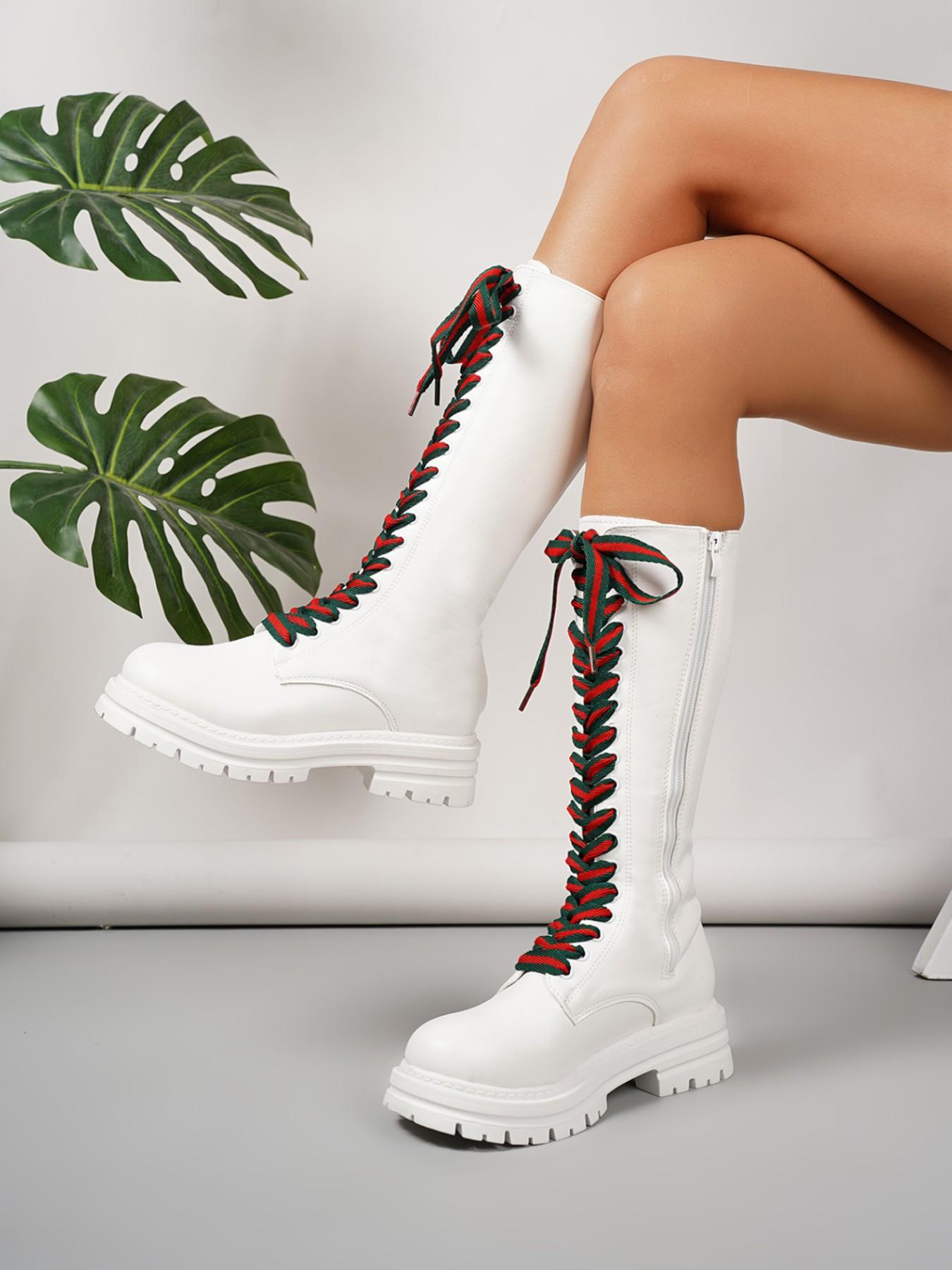 Women's Patchwork Strap Thick Sole High Top Boots, Sweet Cool Punk Style Knight Long Boots, Winter Fashion Footwear
