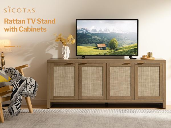 SICOTAS TV Stand for Living Room Boho Entertainment Center for Bedroom with 4 Rattan Cabinets Farmhouse Television Stands with Storage Large Wood Media Console Table for TVs up to 45 50 55 60 65 Inch