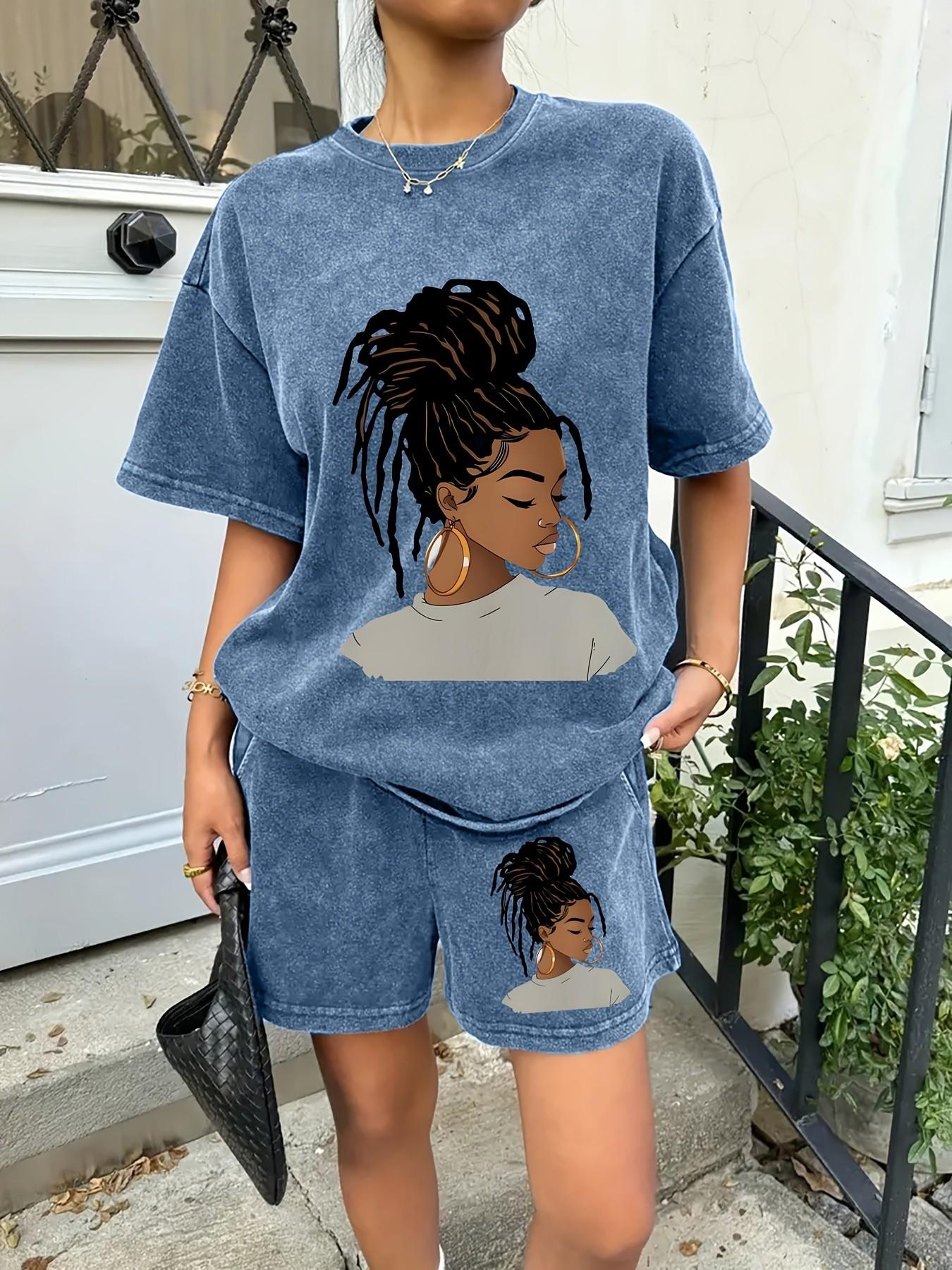 Matching set featuring a washed, distressed texture and a unique "Black girl" portrait print; durable and built for frequent daily wear. Loose, casual fit—perfect for effortless styling, whether lounging at home or heading out. Round neck Women