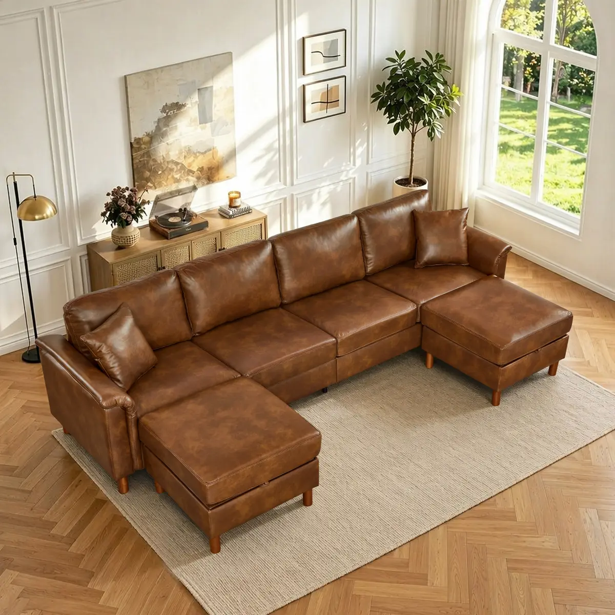  [Bellemave] 120" Sectional Sofa with Two Removable Storage Ottomans,Upholstered Breathable PU Leather Sectional Couch,Faux Leather Sofa