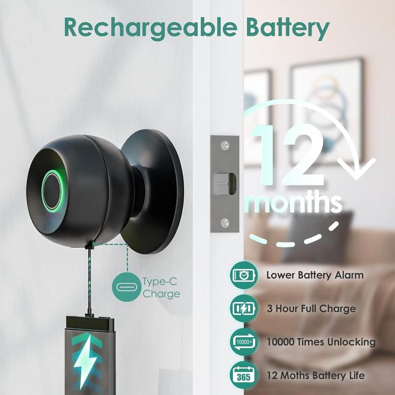 Valentine's Day Gift Fingerprint Door Lock, Smart Fingerprint Door Knob, Biometric Door knobs with App Control, Auto Lock Door Lock with Code, Keyless Door Knob with Locks for Bedroom, Home,Office FathersDayGift