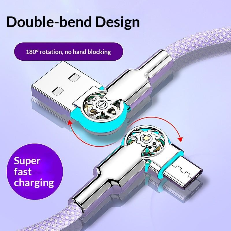 Dual Bend Head Rotating Type-C Super Fast Charging Data Cable for Apple Huawei Honor Vivo Android Phones, High-Speed USB Charger Wire