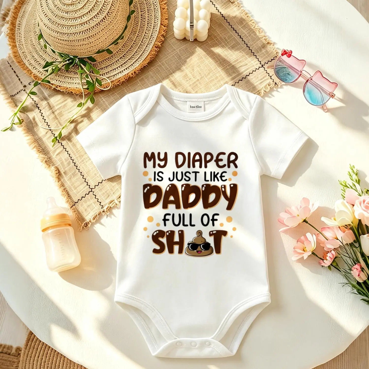 Baby Boys Girls "My Diaper Is Just Like Daddy Full Of Sh*t" Funny 100% Cotton Bodysuit Short Sleeve Snap Buttons Casual Clothes ,Park photoshoot onesie & Cozy Home Outfit, Funny Slogan, Graphic Print, One-Piece Suit