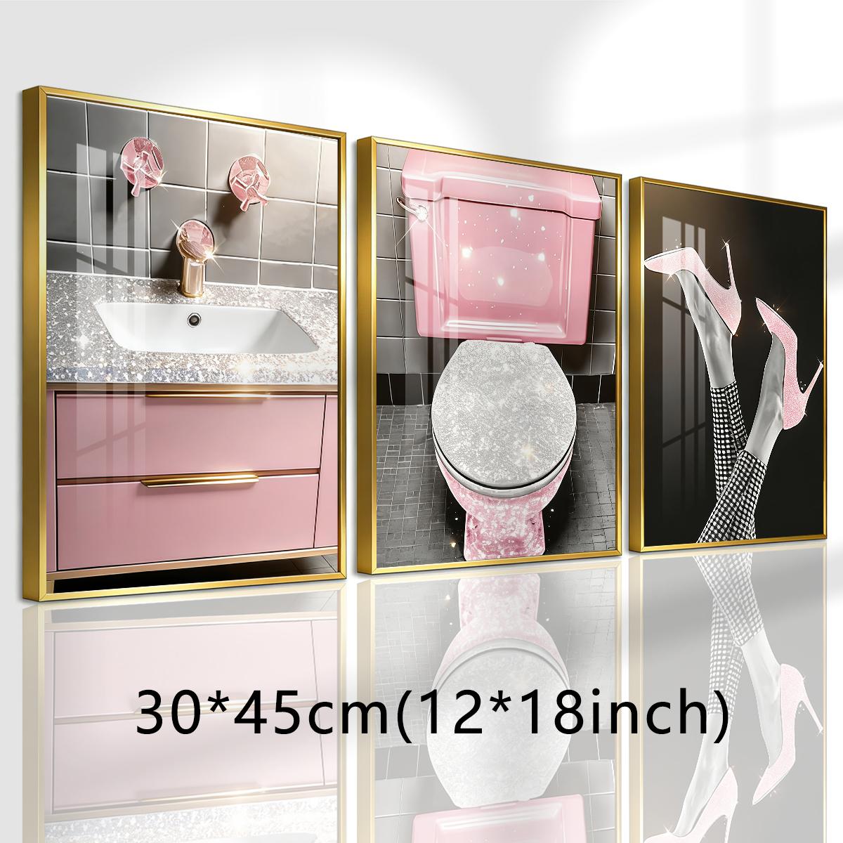 3 Counts Aluminum Alloy Framed Painting, Pink Glam Bathroom And High Heels Art Pictures, Home Decoration For Living Room, Bedroom, Office, Restaurant, Hallway Wall Decor, Odorless Print Artwork, Luxury Perfect Gift For Friends And Family
