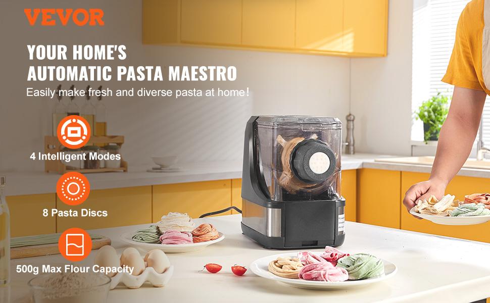 VEVOR Electric Pasta Maker, 150W Automatic Noodle Maker Machine with 8 Pasta Shapes, 4 Intelligent Modes, 500g Flour Capacity Pasta Maker Machine with Measuring Cups, Cleaning Brush for Home Kitchen
