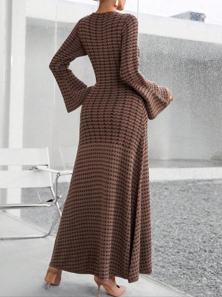 Women's Knit Elegant Commuter Dress, Fall & Winter Striped Round Neck Flare Sleeve Long Skirt, Loose Fit Sweater Dress (pattern Random)