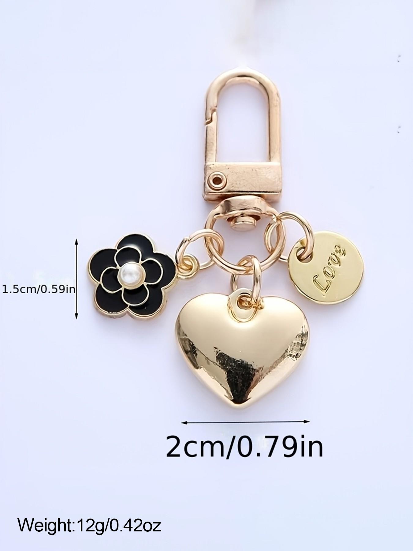 Fashion Heart Love Keychain Pendant, Imitation Pearl Camellia Letter Metal Accessory, Women's Bag Charm, All Seasons Cute Style