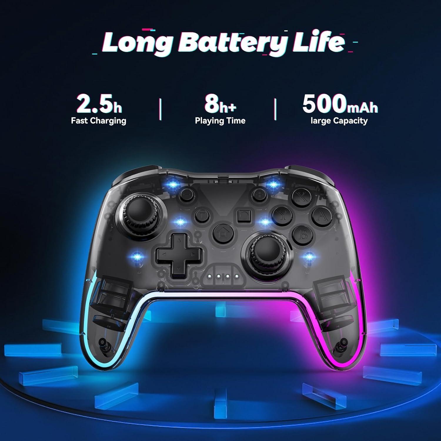 Wireless Game Controller for Switch Lite Oled PC Android iOS, Rechargeable Gaming Joystick with 7 Color RGB Lights and 3D Analog Stick, Universal Controller