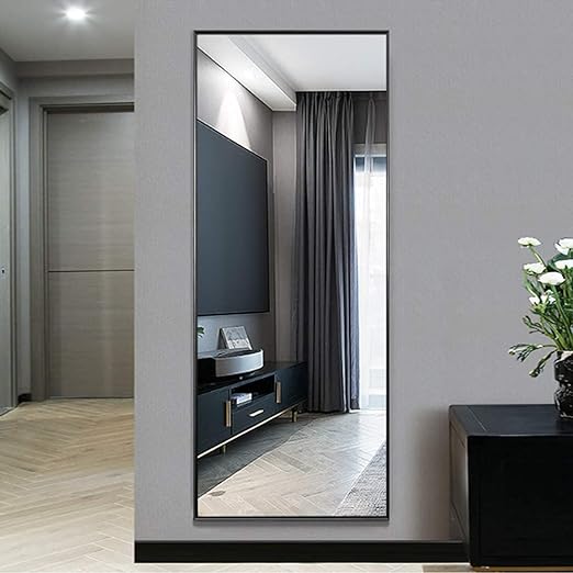 21 in. W x64 in. H Rectangular Full Length Mirror  Home DecorFull Length Mirror Standing Hanging or Leaning Against Wall, Large, Rectangle, Bedroom Wall-Mounted / Floor Dressing Mirror, Aluminum Alloy Thin Frame, Black, 64"x21"