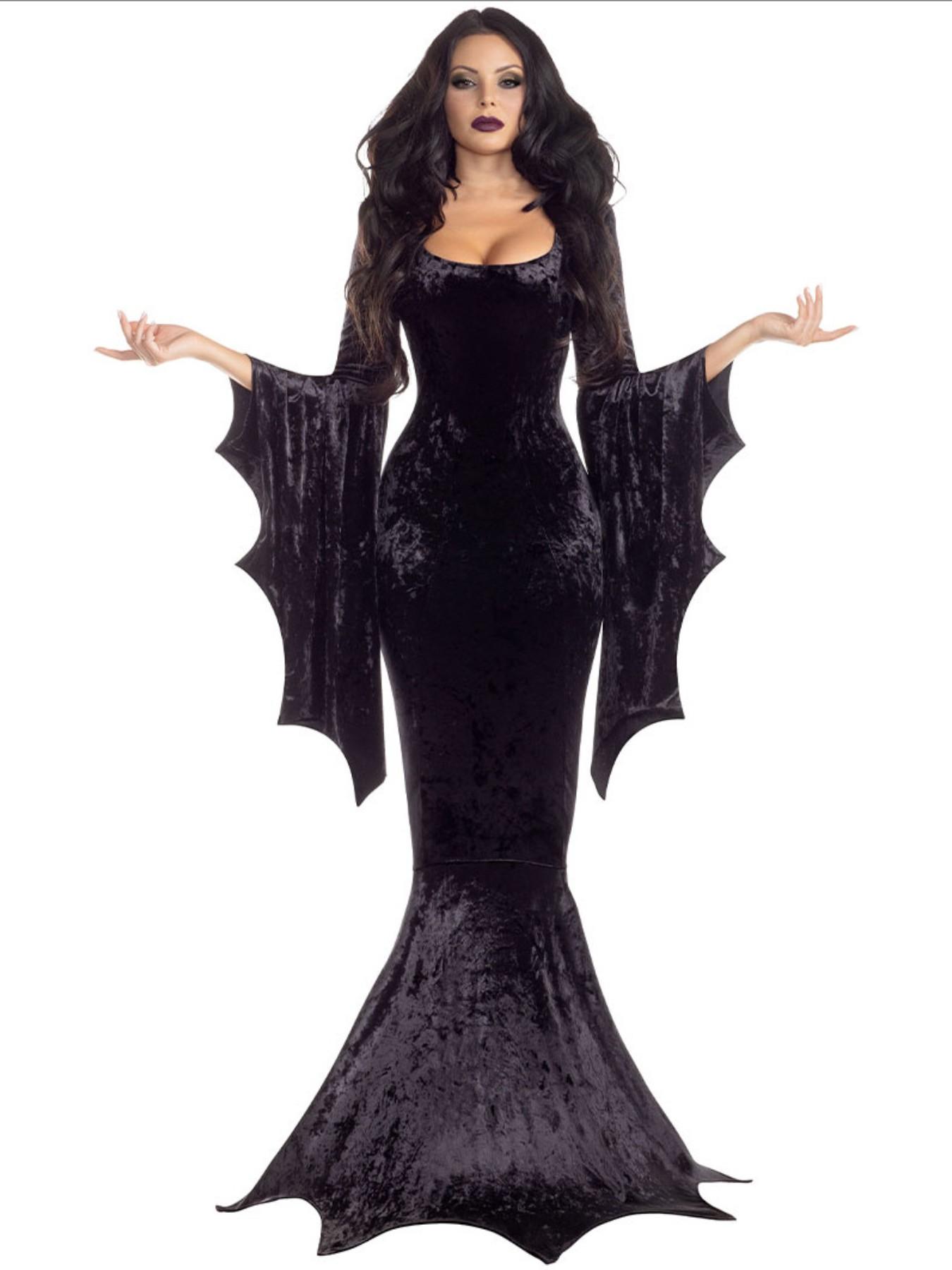 Witchy Costume Morticia Addams Long Train Dress Halloween Terror Dark Outfit Gothic Gown Robe Bat Sleeve Horror For Adult