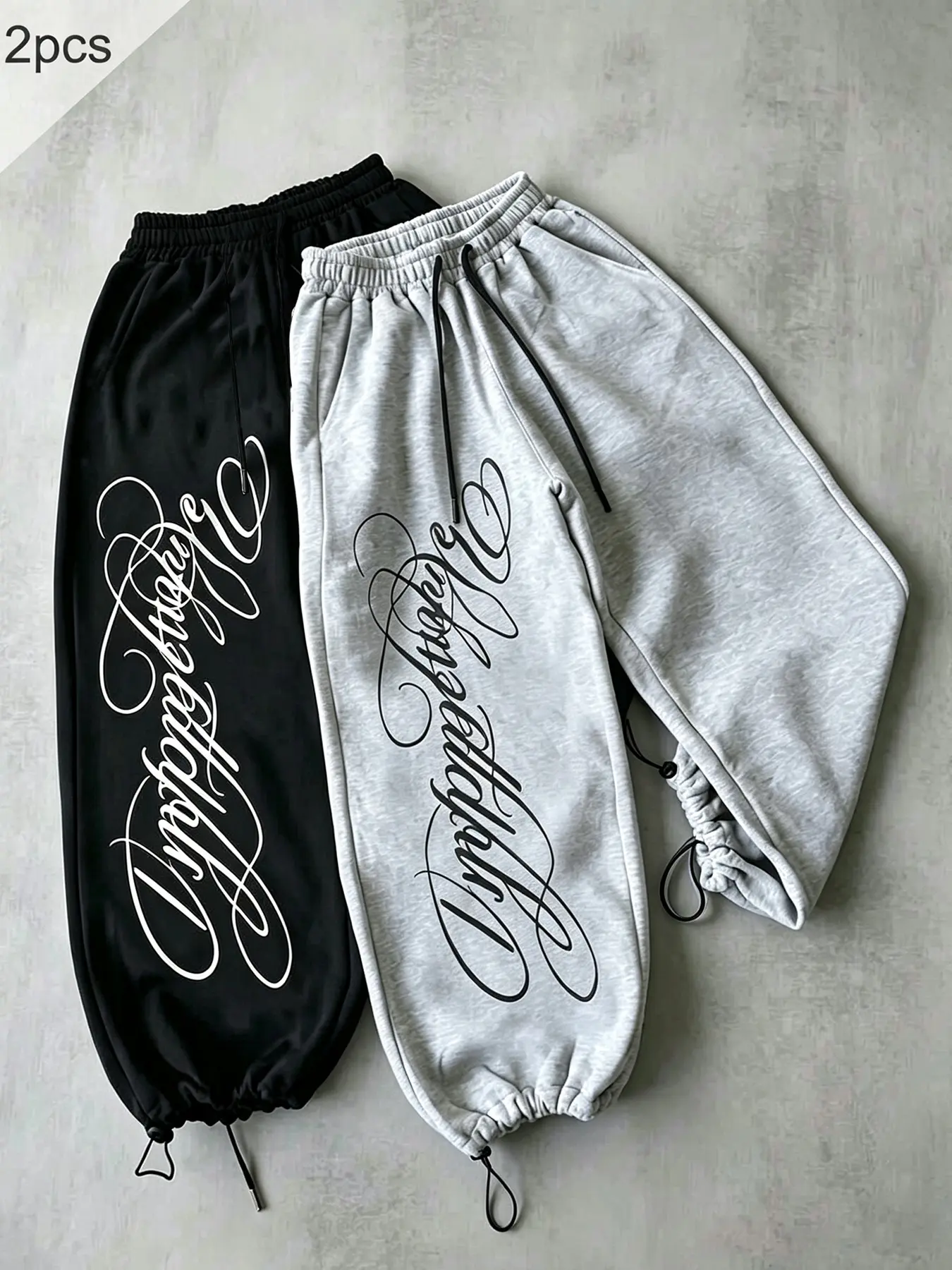 Two-Piece American Script Side Print Cuffed Sweatpants for Women, Adjustable Drawstring Waist, Loose Fit Streetwear Sport Pants