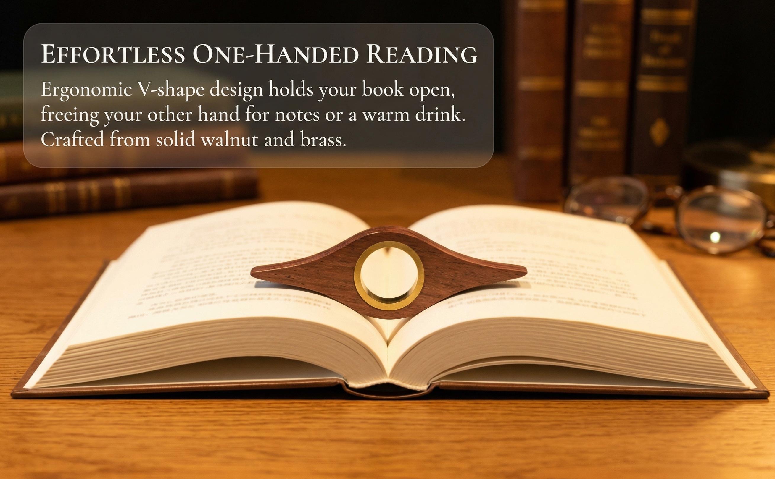 Solid Walnut Wood Book Page Holder with Brass Ring Ergonomic Thumb Reading Ring Aesthetic BookTok Accessories Gifts for Readers Handcrafted Wooden Thumb Page Holder for One-Handed Reading giftforher mini gift gift for him/her