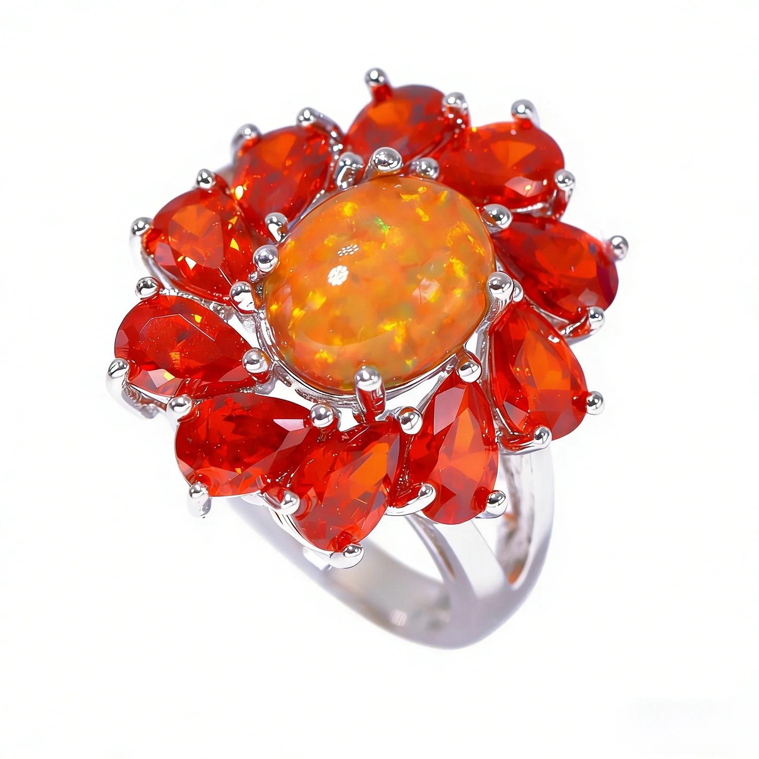 Luxury Floral Rainbow Stone & White Opal Birthstone Rings For Women Fashion Vintage Jewelry Christmas Wedding Gift for Lovers