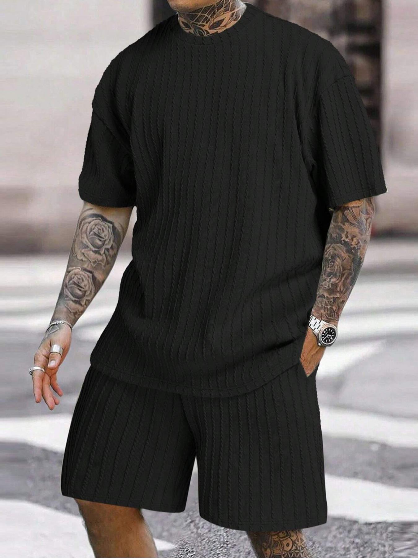 Men’s Streetwear 2-Piece Set – Soft Textured Knit Oversized Tee & Drawstring Shorts, Casual Summer Outfit