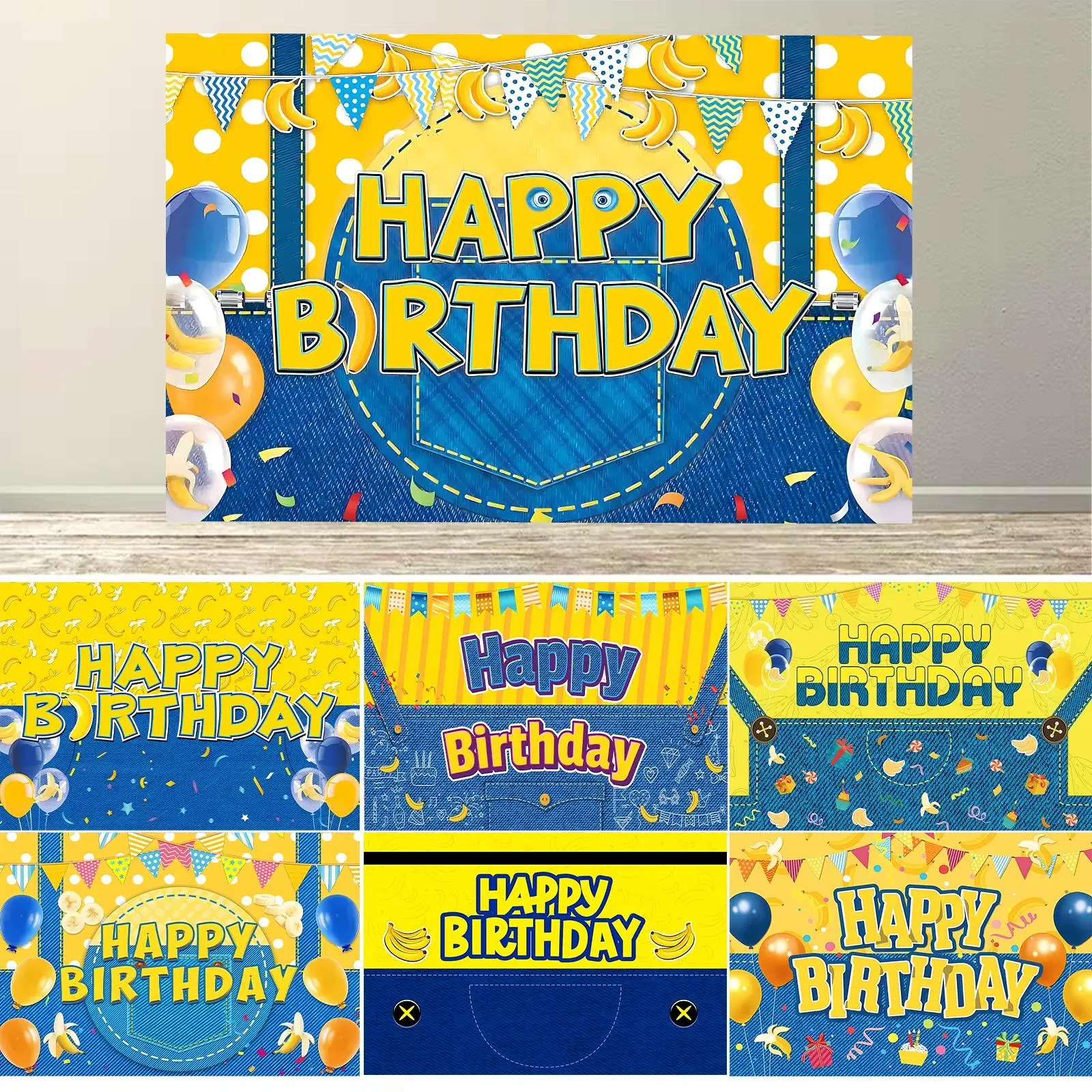 Cartoon M-Minions Yellow Jeans Happy Birthday Backdrop Banana Balloon Flag Decorations Kids Photo Booth Props Cake Table Banner