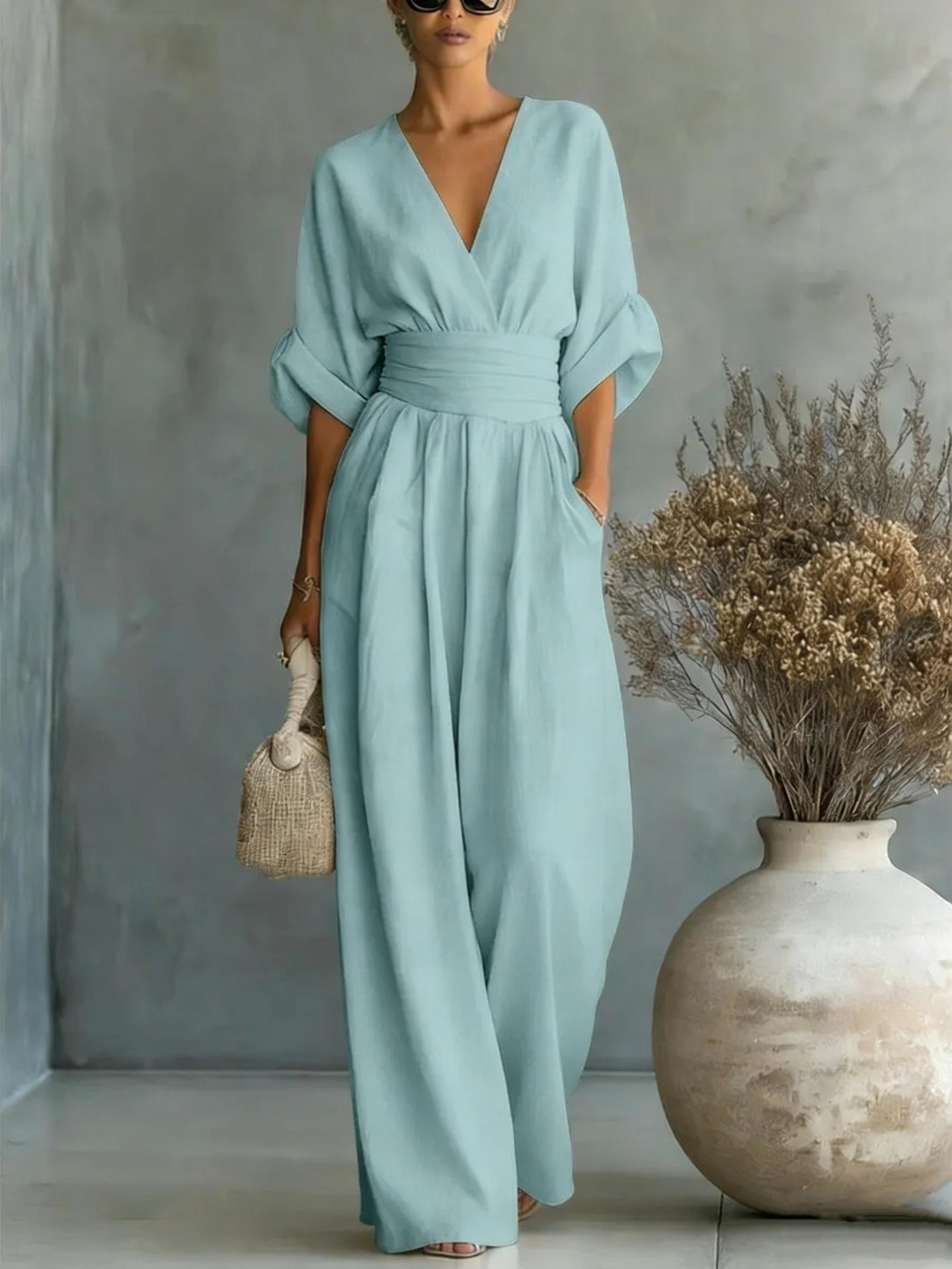 European and American new Amazon solid color elegant waist cinched V-neck temperament women's jumpsuit for women