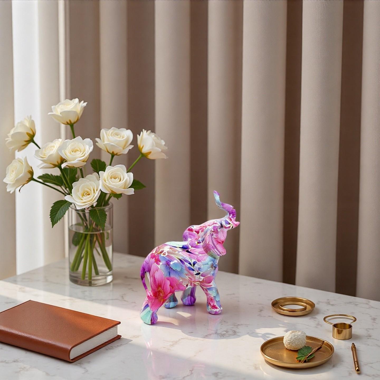 Floral Resin Elephant Figurine, Creative Lucky Elephant Home Decor, Living Room TV Cabinet Decoration, Unique Gift Art Table Ornament