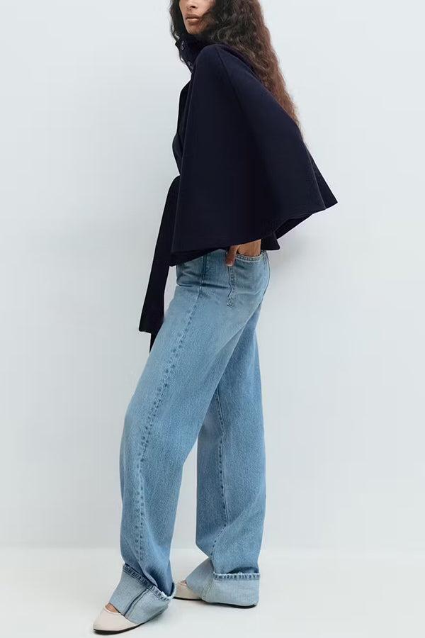 Women's Plain Front Buckle Belted Woolen Cape Coat, Casual Fall & Winter Outerwear, Stylish Daily Wear for Dating, Button