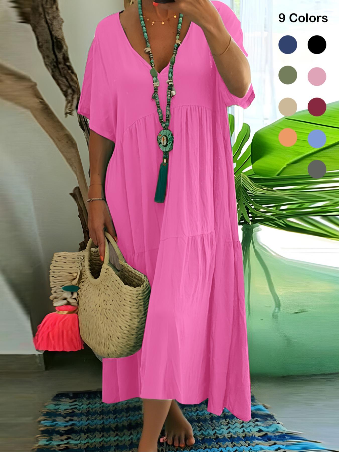Plus Size Women's Summer Casual Loose V-Neck Plain Long Dress, Bohemian Boho Style, Short Sleeve, Tiered Layer, Spring & Fall Fashion