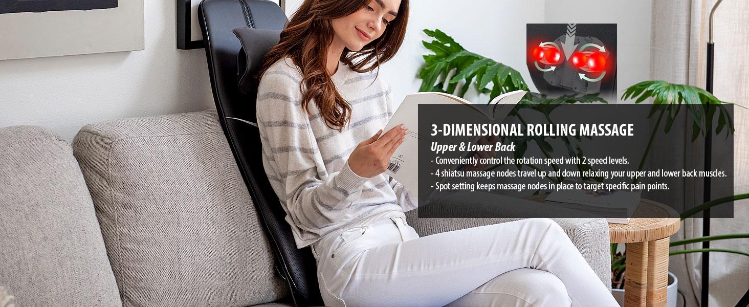 Shiatsu Neck and Back Massager with Heat - 3D Kneading Deep Tissue Electric Massage Chair Pad with Height Adjustment, Seat Cushion Vibration for Muscle Pain Relief - Black (ZMA-33B)