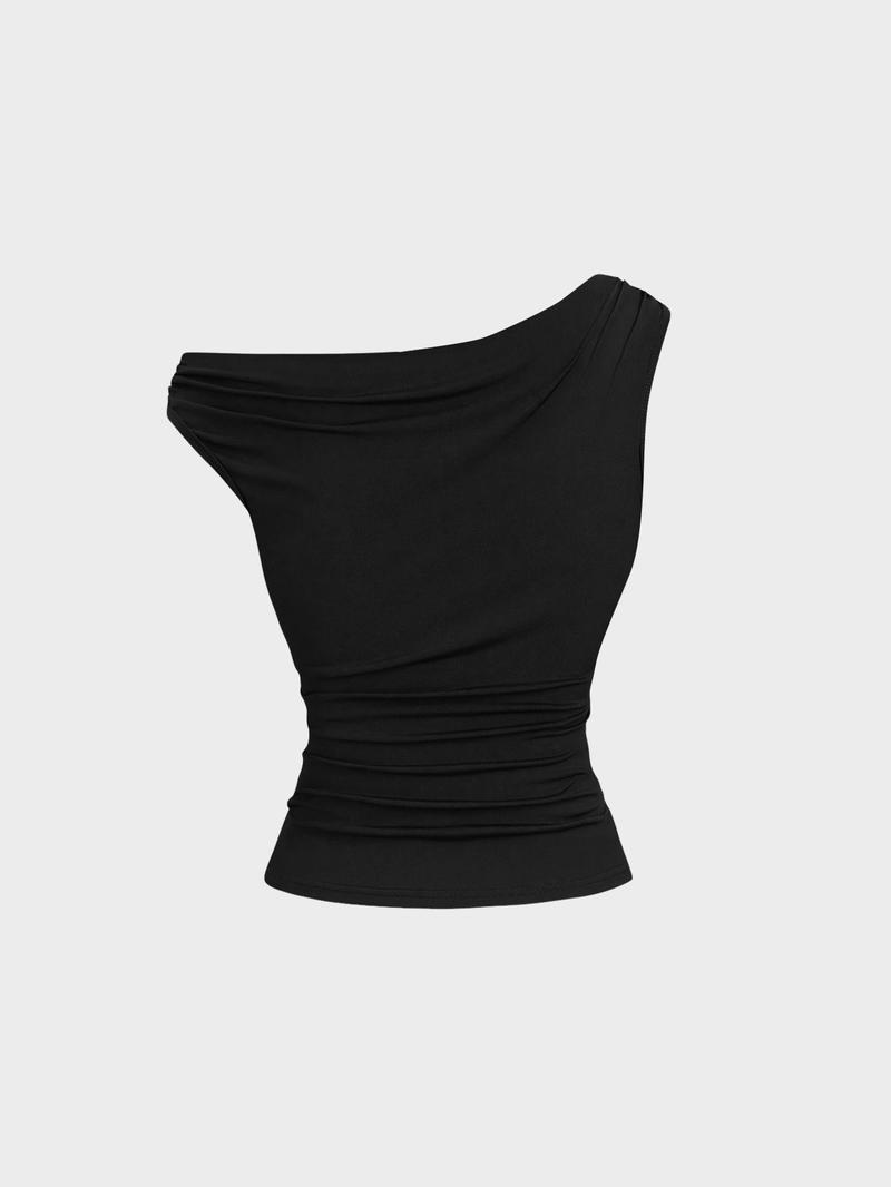 1 Piece  Valentine's Day Asymmetric Shoulder Ruched Crop Top | Euro-American Y2K Vibe | Cropped Design + Cold Shoulder Detail | Eye-Catching Pick for Weekend Shopping / Music Festivals