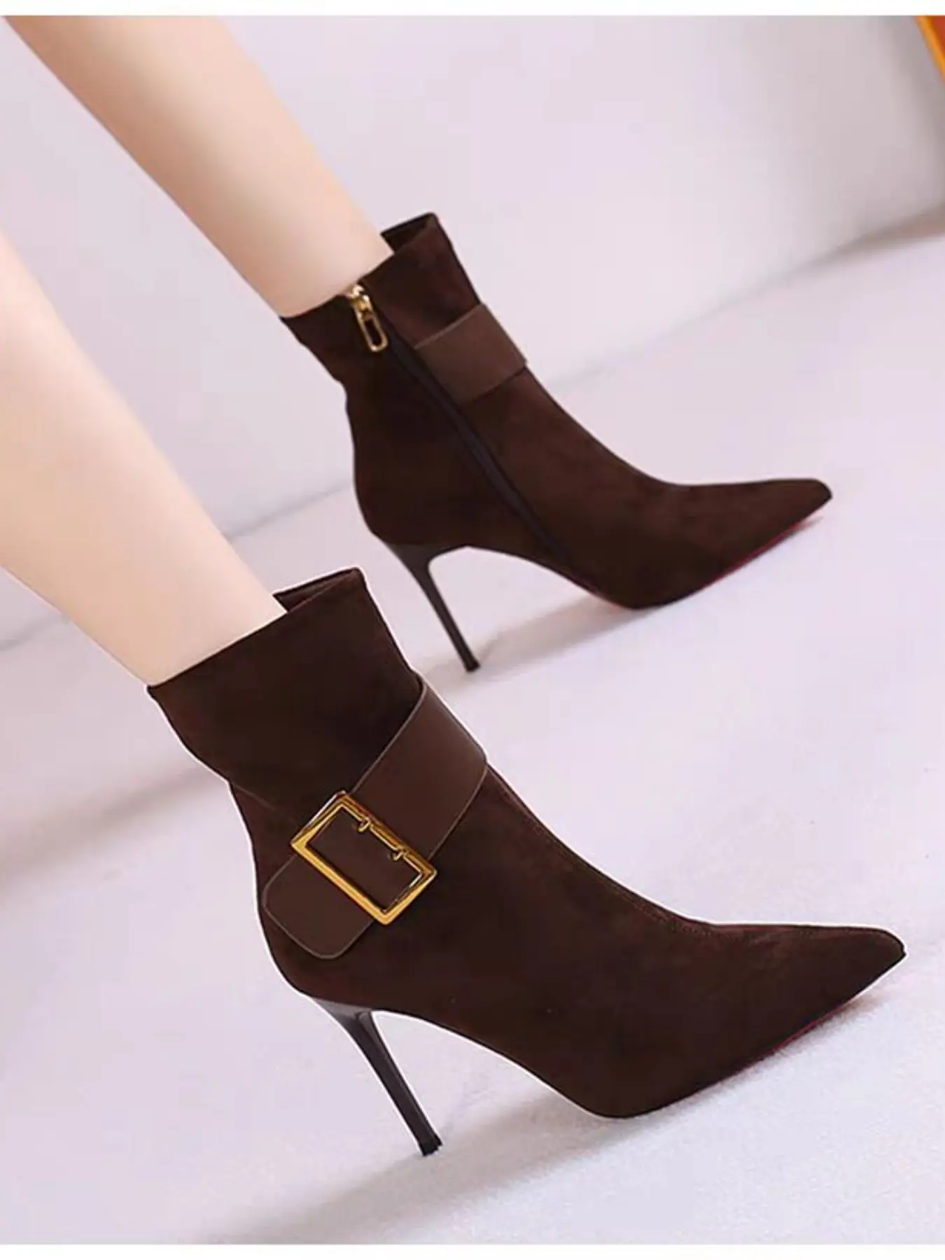 Women's Fall Winter Short Boots, Suede, Velvet Pointed Toe Stiletto Ankle Boot, Metal Square Buckle + Sole, Perfect for Dates and Office
